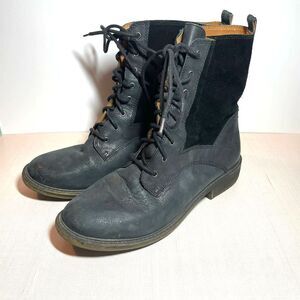 Lucky Brand Womens Nickki Black Leather Suede Combat Boots Laced Ankle Size 9.5